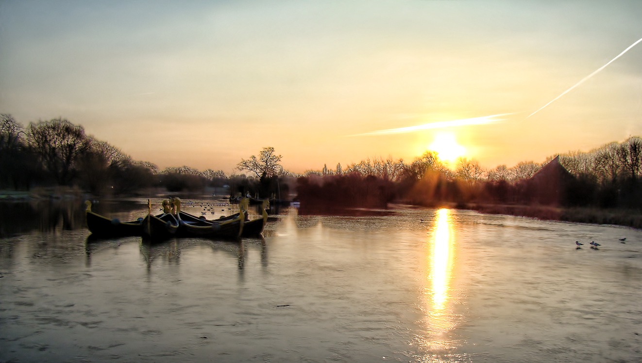 Landscape Of Sailing Boats On Lake At Golden Sunset With Trees