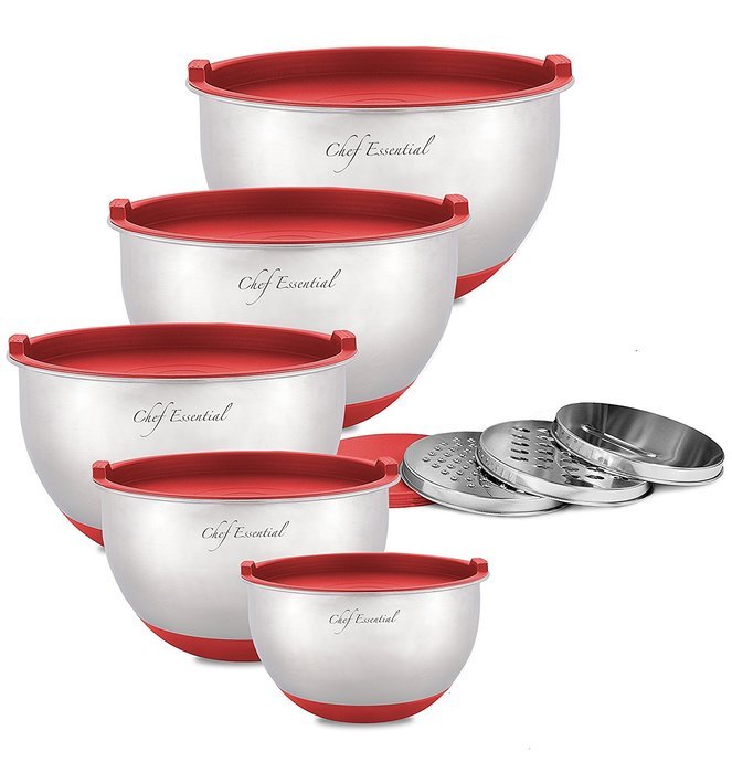 Chef Essential Stainless Steel Non Slip Mixing Bowls Set With Lids And