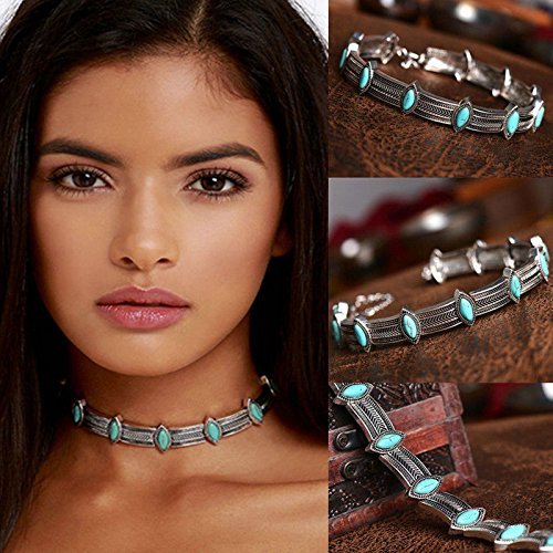 Vintage Bohemian Turquoise Bead Silver Collar Choker Necklace Ethnic