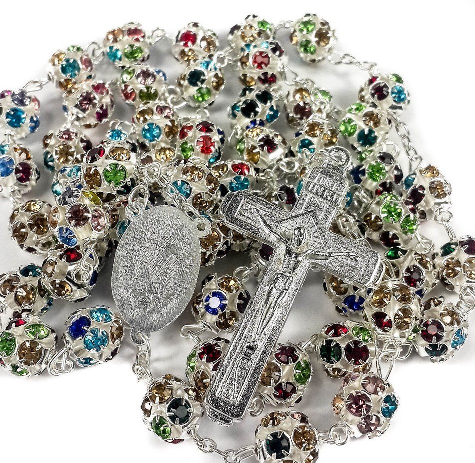 Colorful Zircon Beads Silver Rosary Catholic Necklace Miraculous Medal