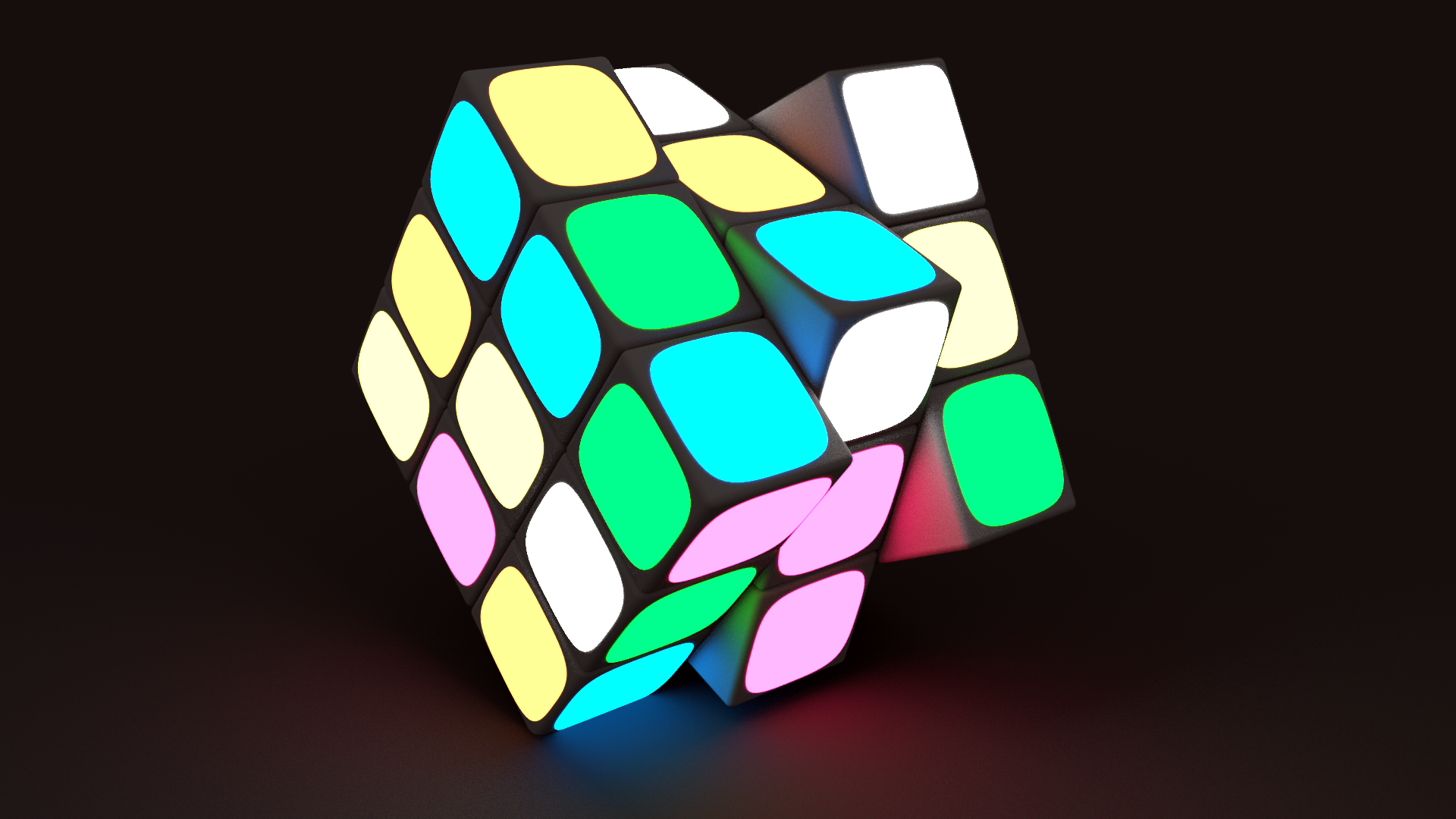 Colorful And Beautiful Bright Neon Rubiks Cube With Lights Among The