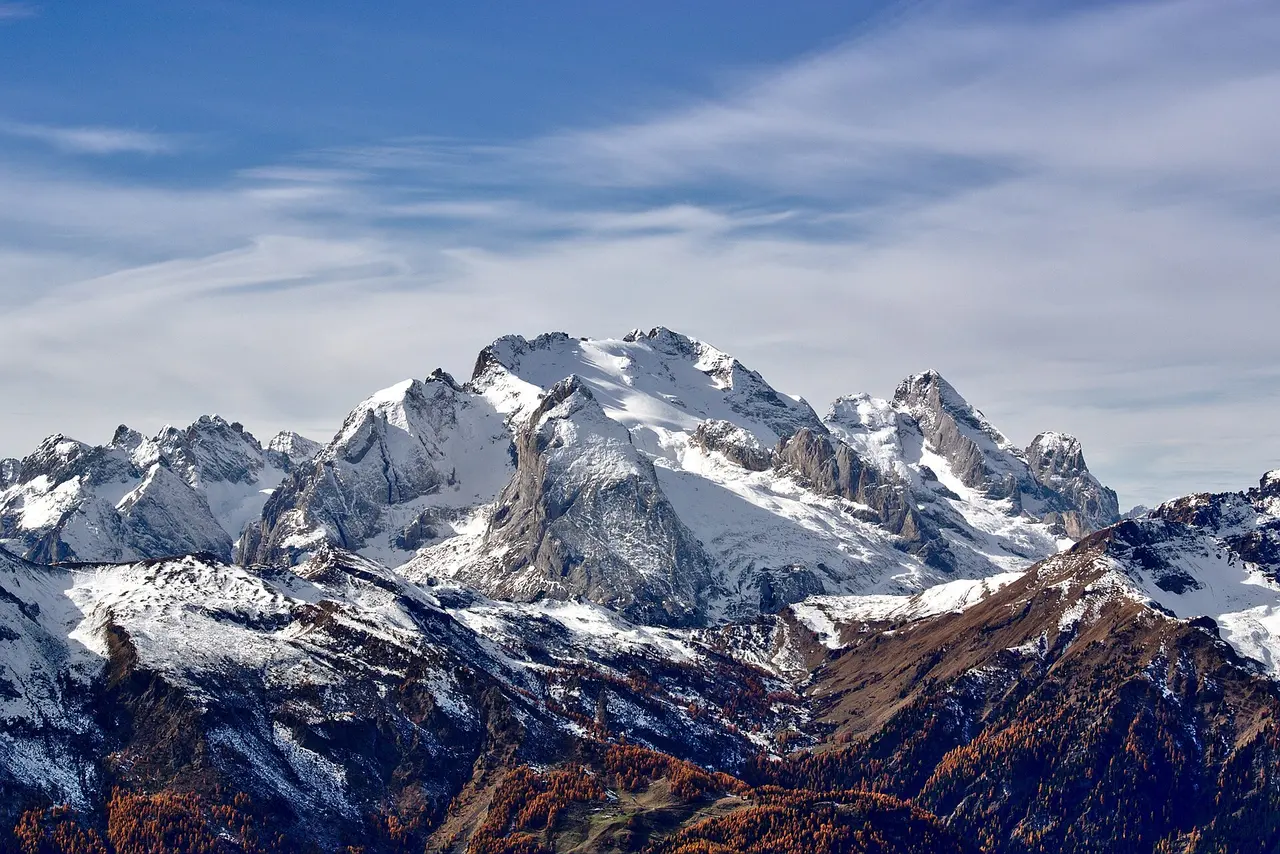 Snow-covered peaks of the Marmolada in the Dolomites