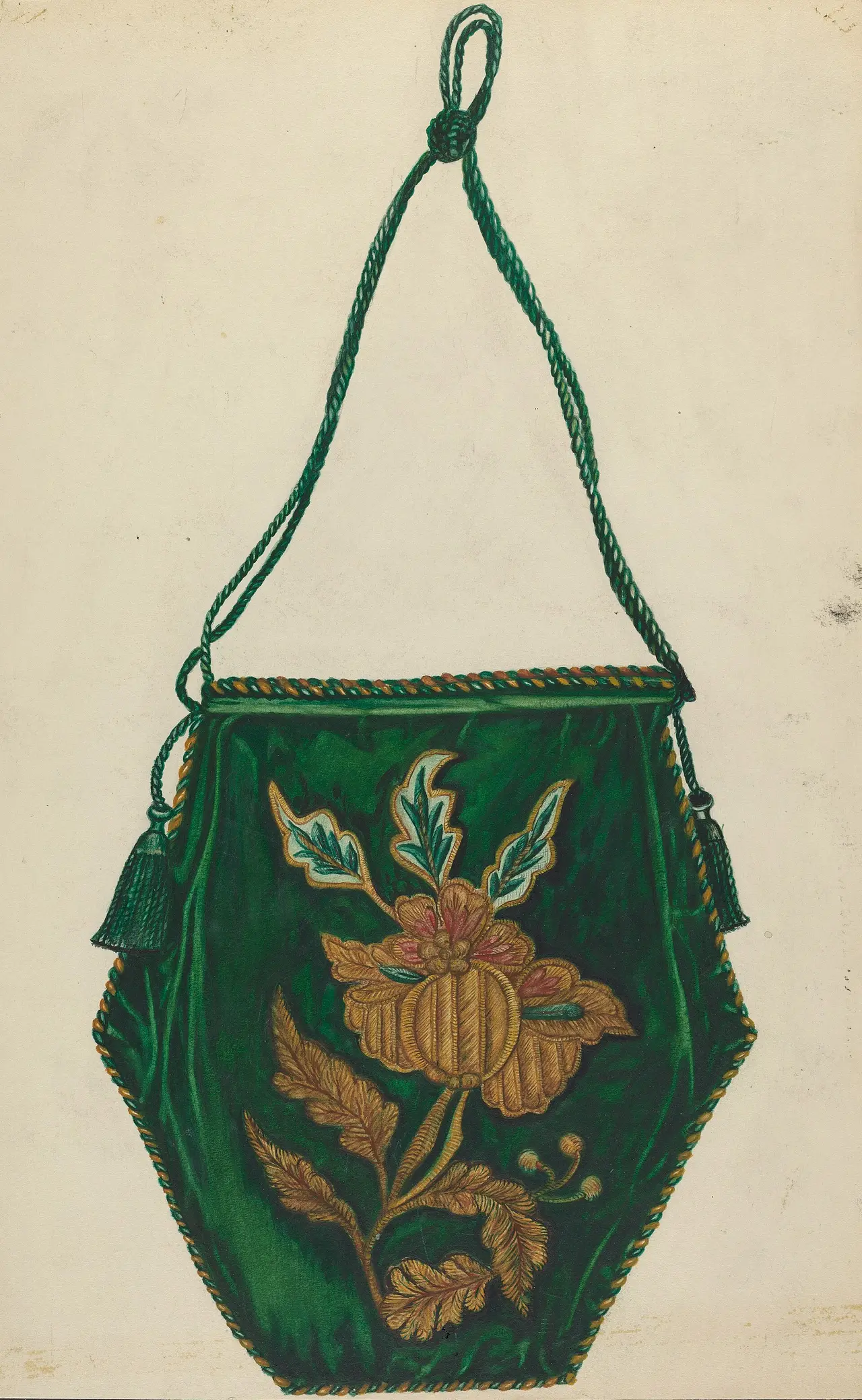 A green drawstring handbag with an embroidered flower on the front