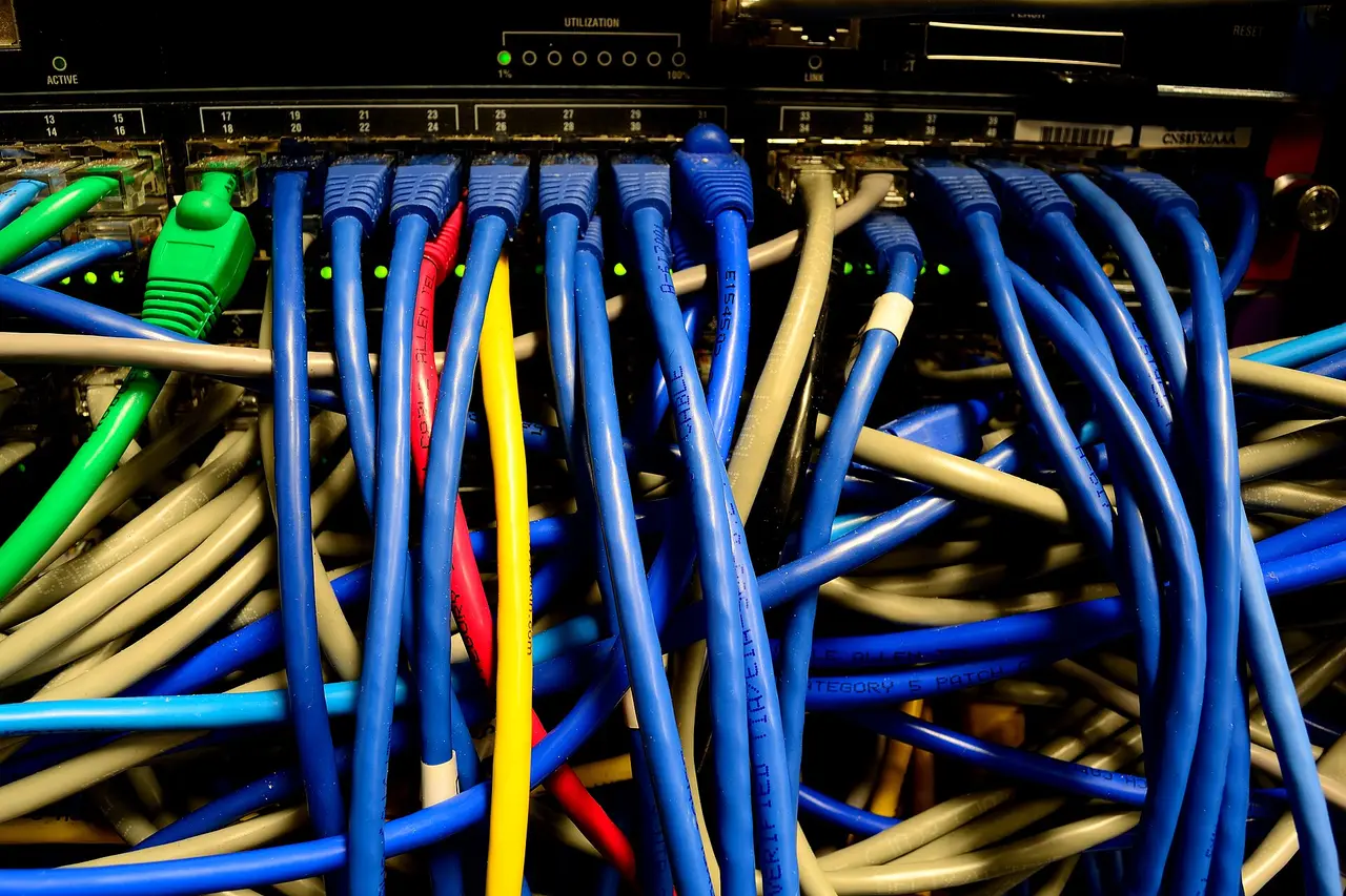 Many blue and yellow network cables plugged into a switch