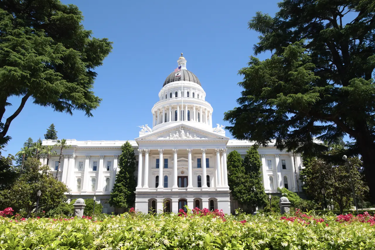 The white domed California State Capitol behind pink flowers and green trees under a blue sky