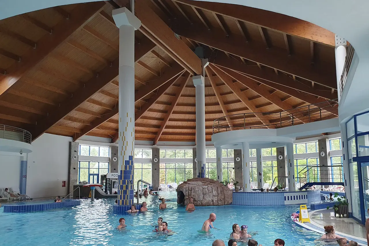 Visitors in an indoor thermal pool under a timber roof