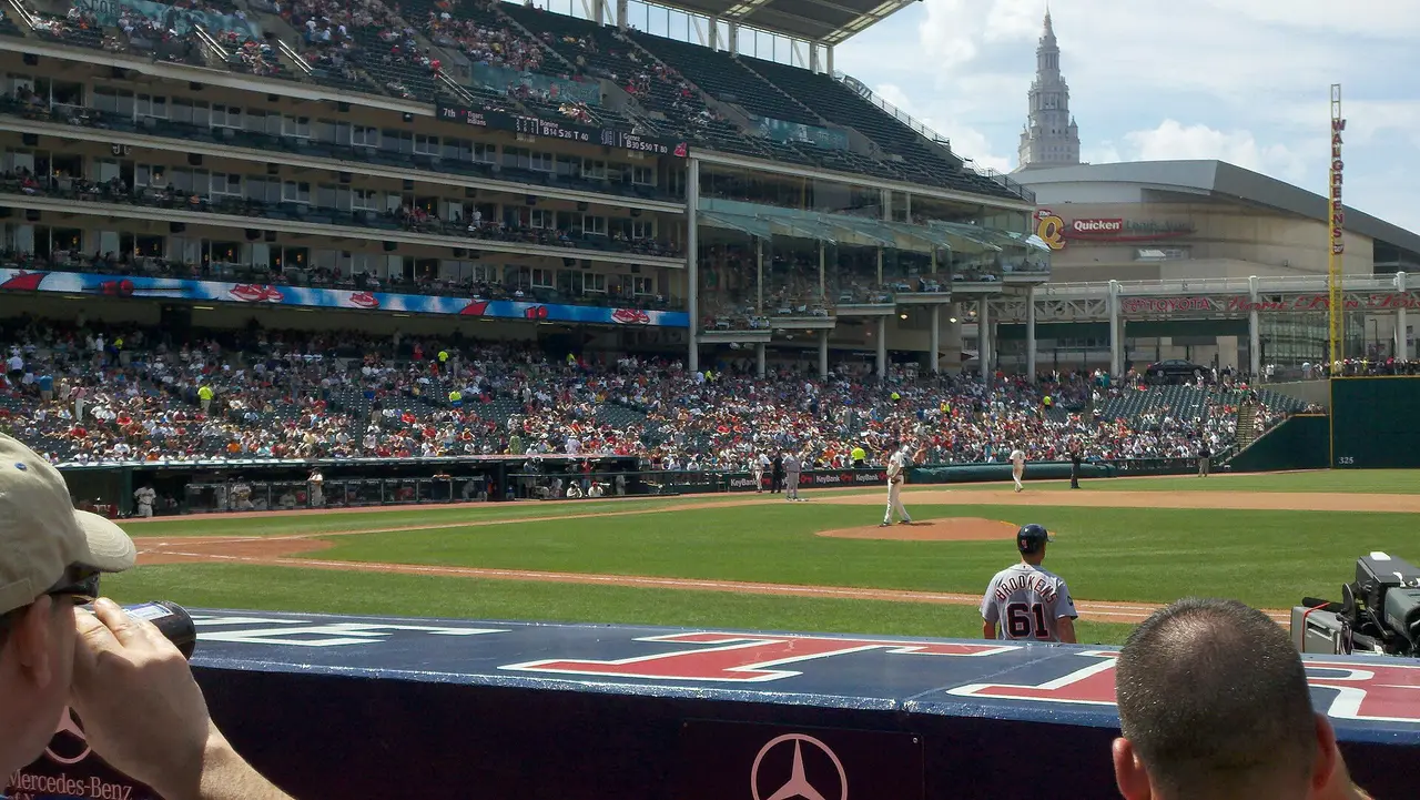 Baseball field and stands at Progressive Field with Cleveland buildings behind