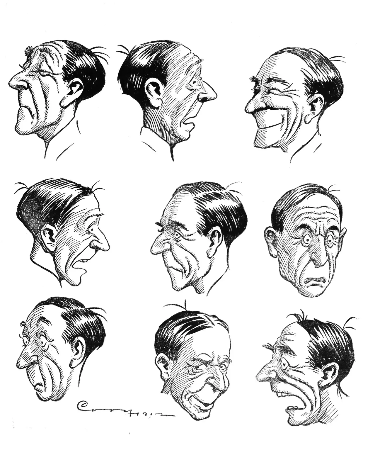 Nine ink drawings of men's heads with different facial expressions