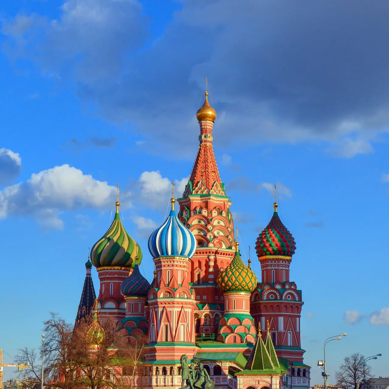 Saint Basil's Cathedral with colourful domes under a blue sky