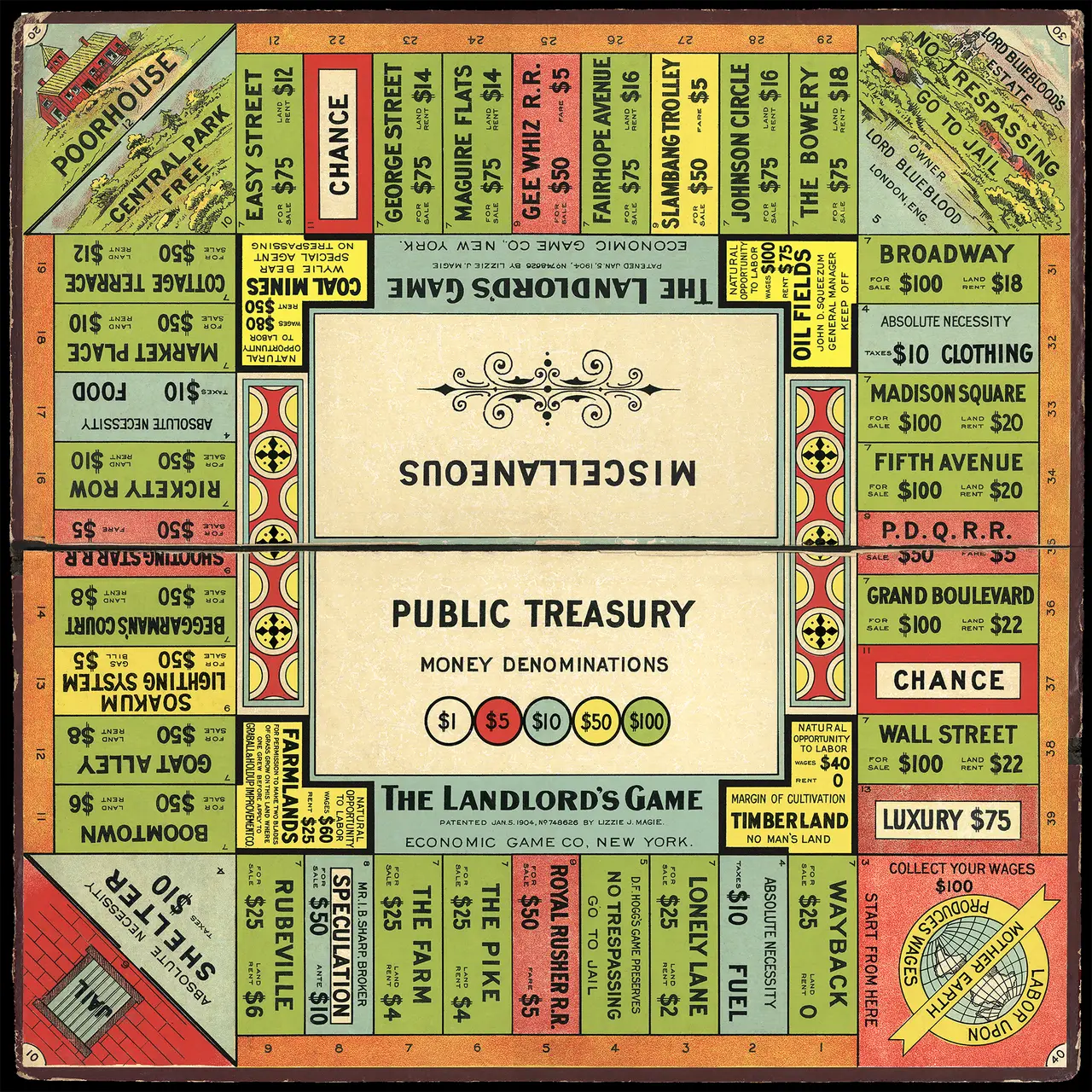 A colourful square board game board with named streets around the edge