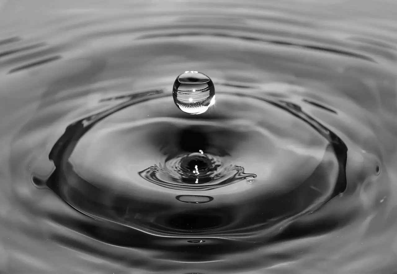 A drop of water above rippling water with circular waves around it