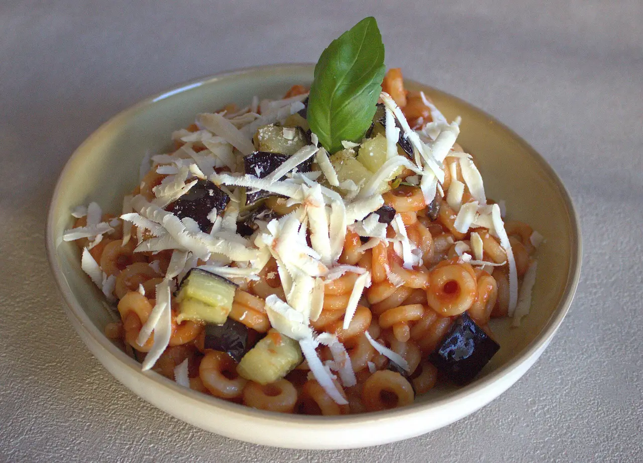 A bowl of tomato pasta with aubergine, cheese and a basil leaf