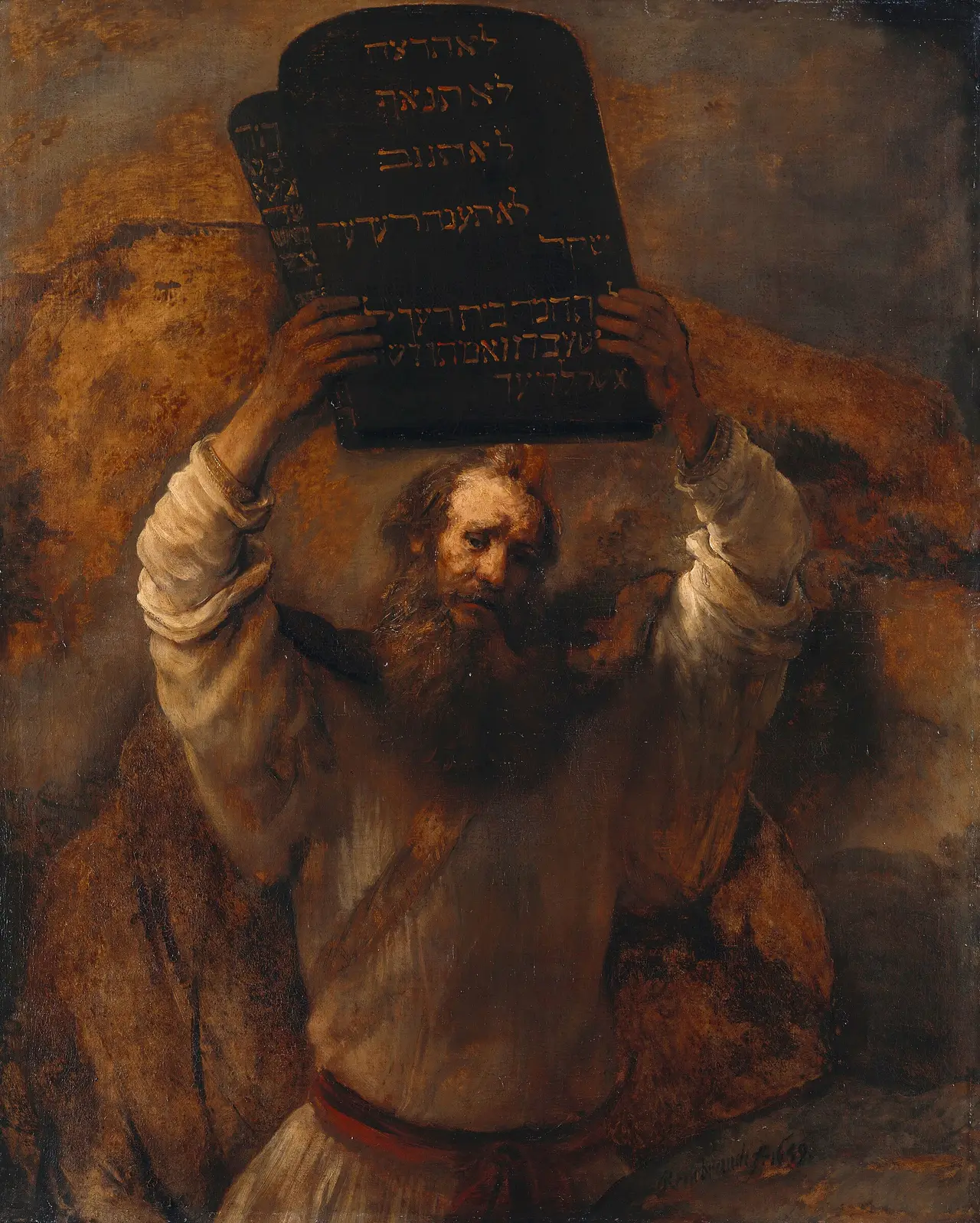 A painting of Moses holding the stone tablets of the Ten Commandments