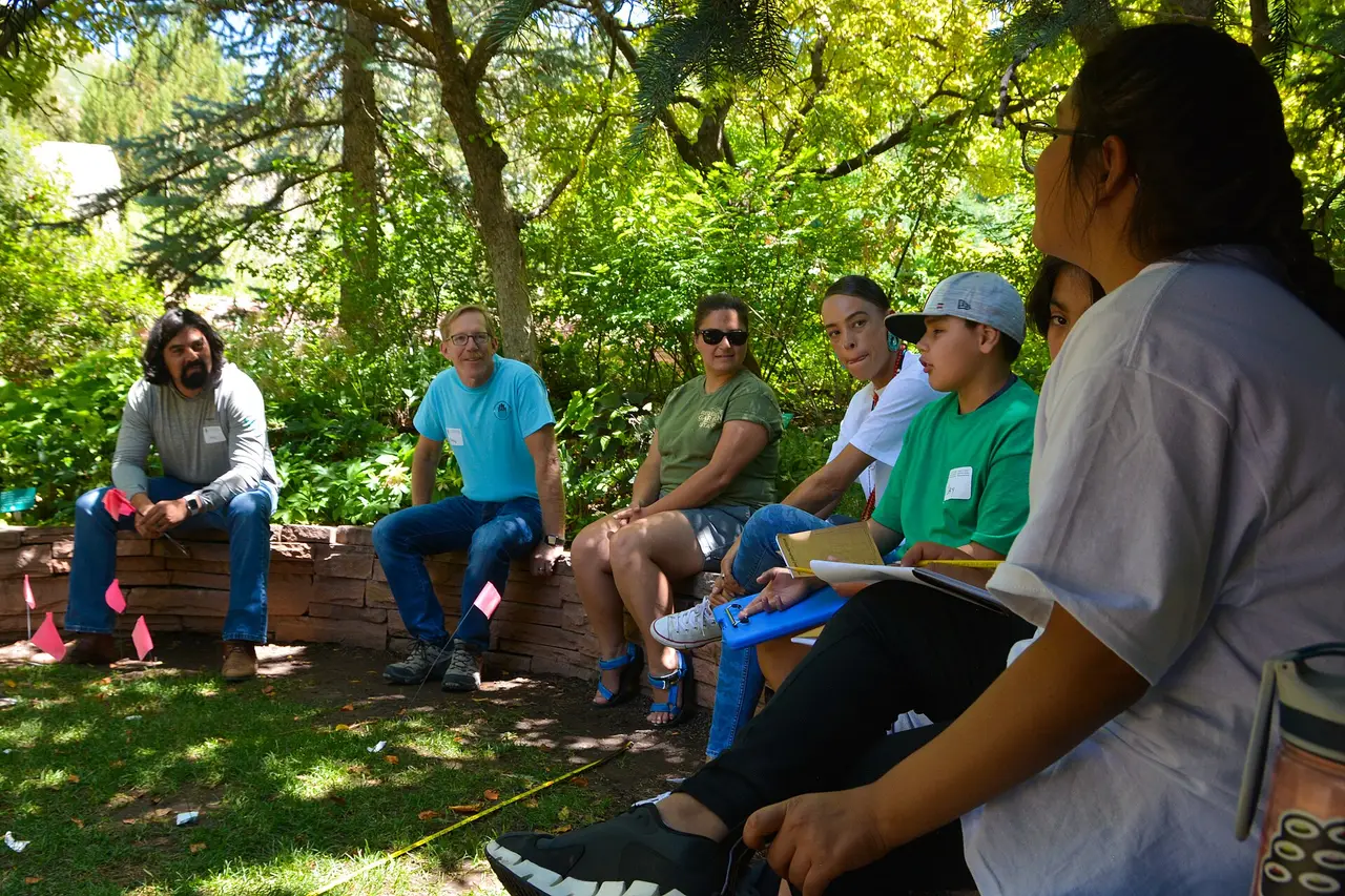People sitting in a circle talking under trees in a park