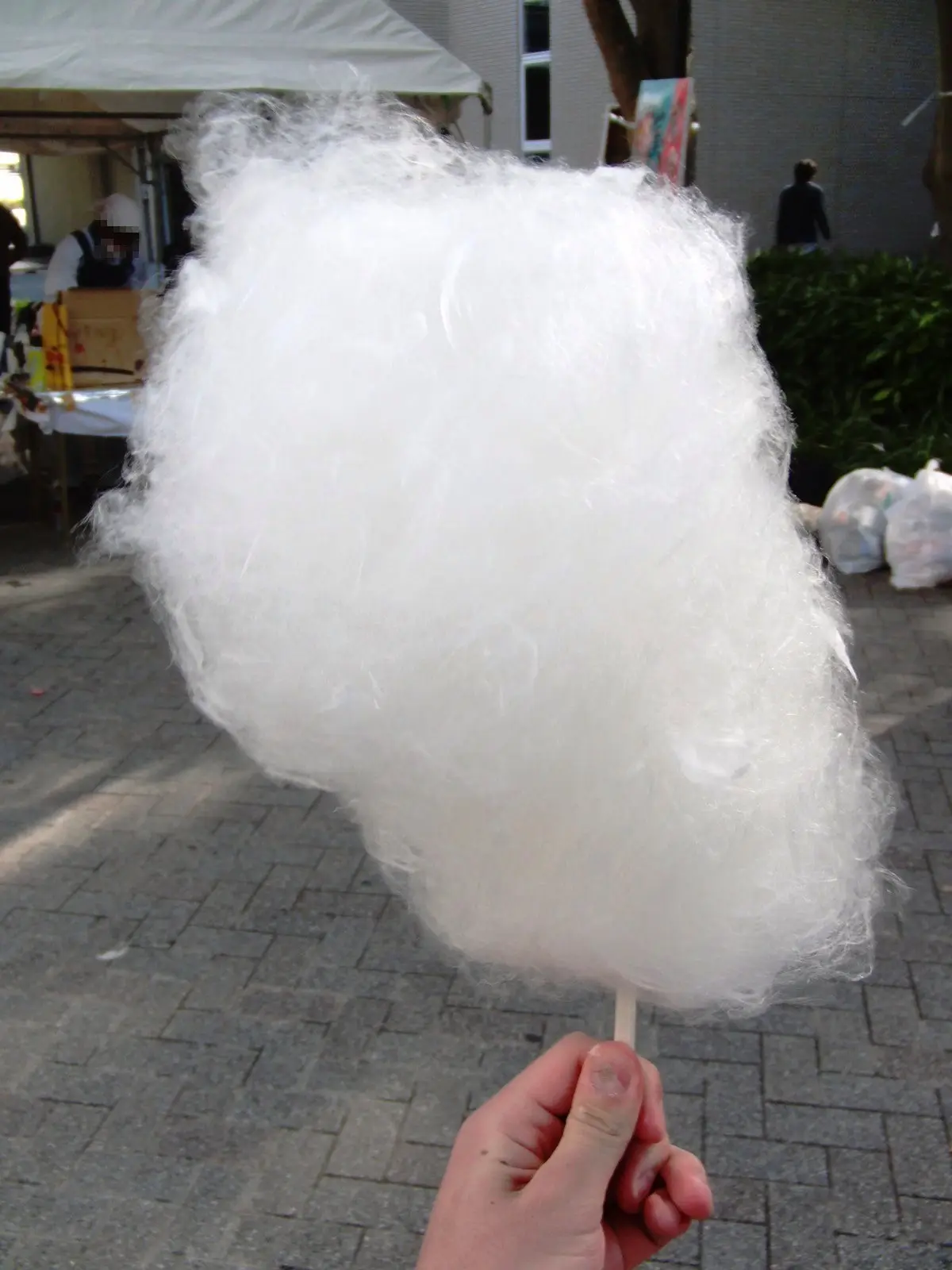 A hand holds a large white cotton candy on a stick