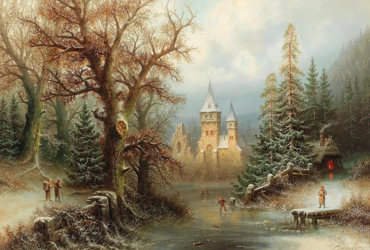 A painted frozen pond with skaters, fir trees and a castle