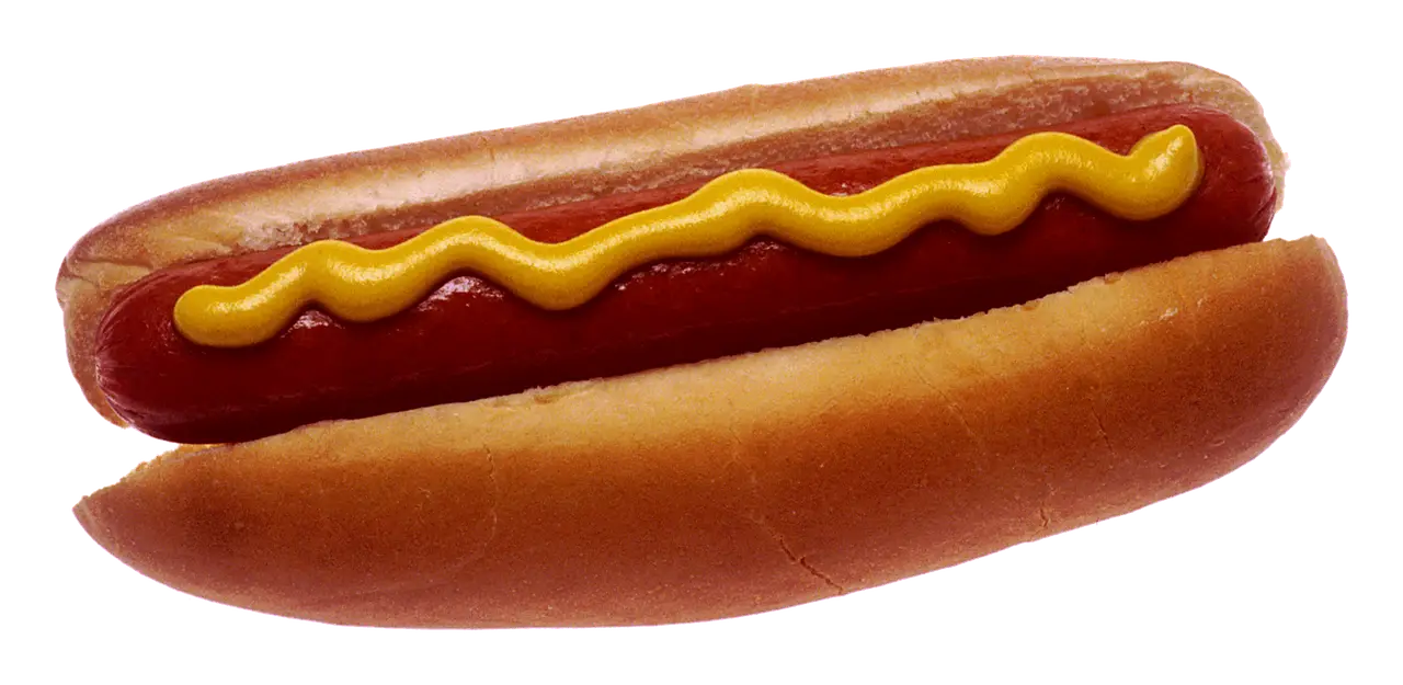 Hot dog in a bun with a line of yellow mustard