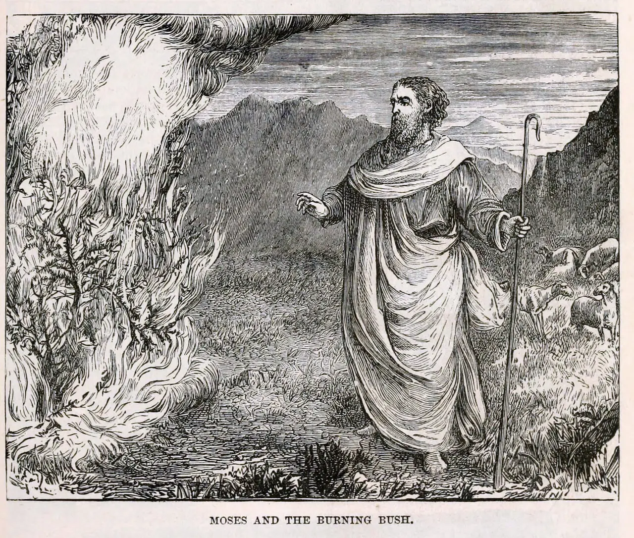 Engraving of a robed man with a staff standing before a burning bush