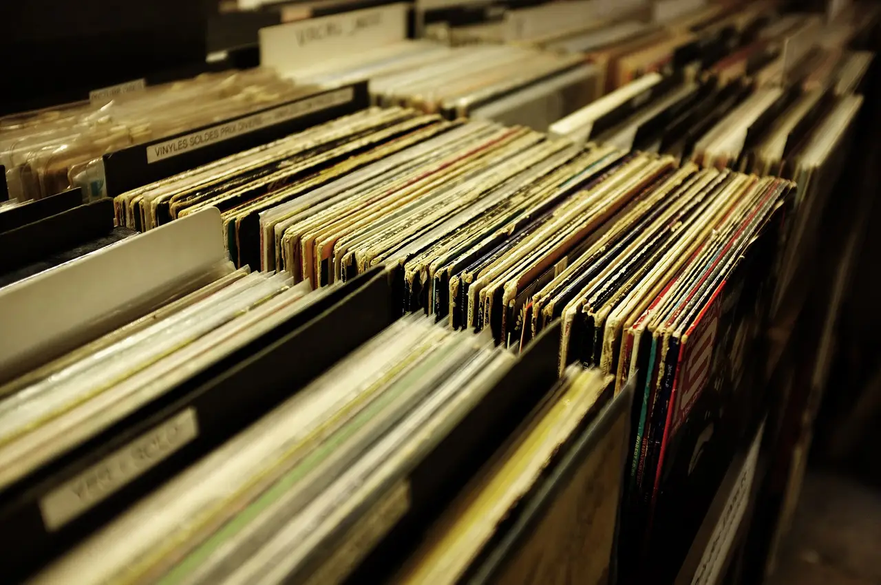 Crates of used vinyl records filling a record shop shelf