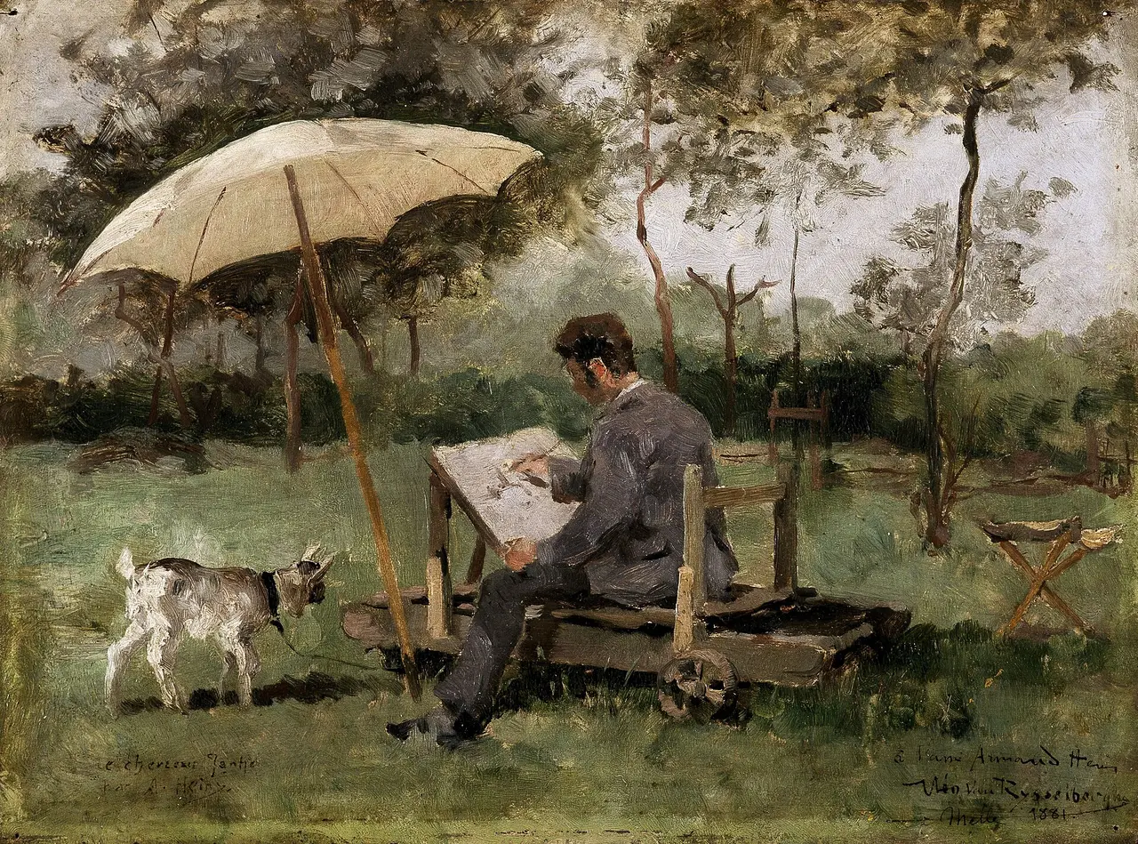 A painting of an artist at work outdoors in front of his canvas