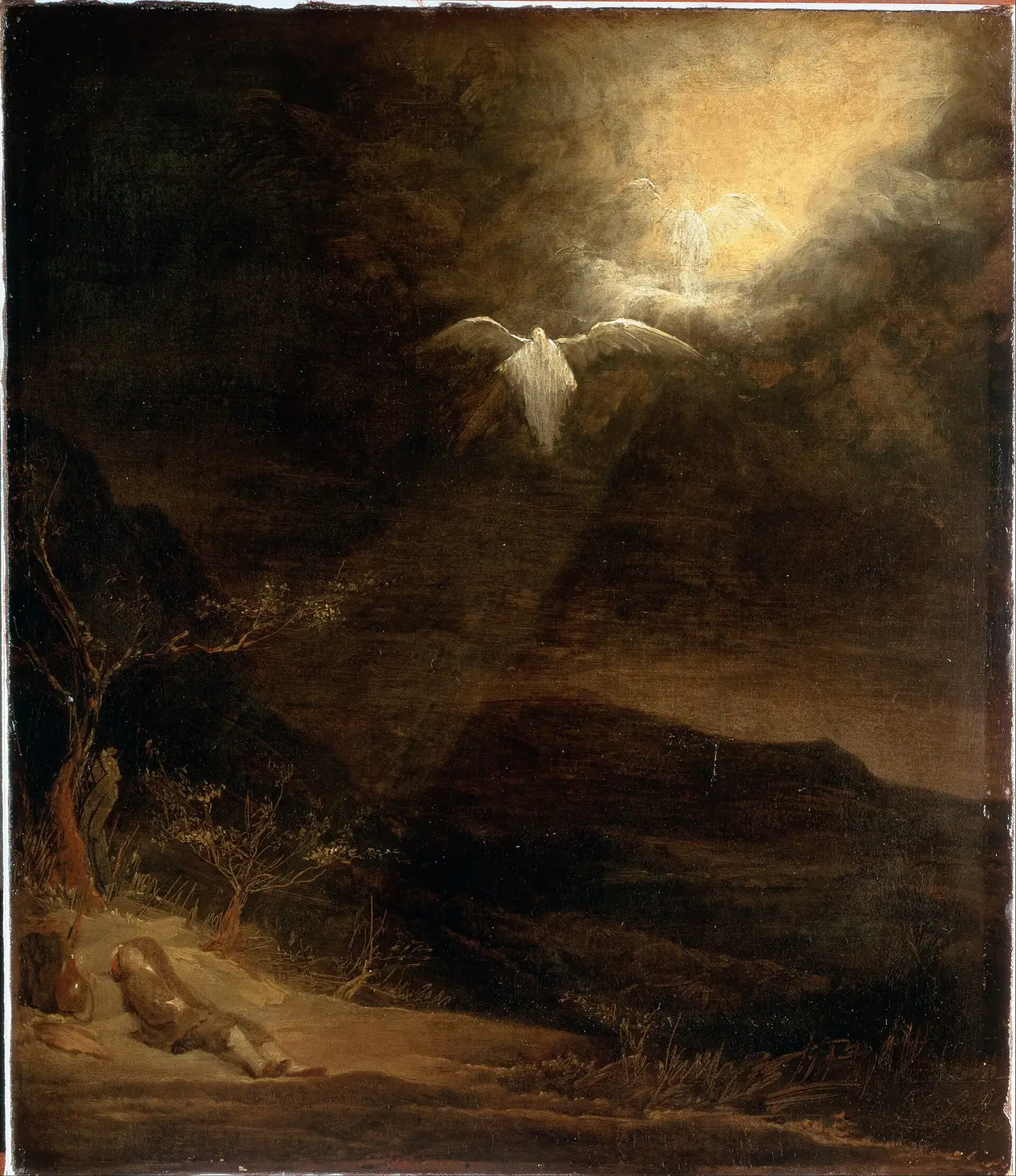 A dark landscape painting with angels in a bright sky above a sleeping figure