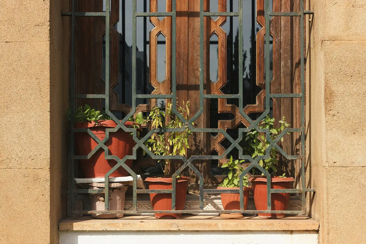 Terracotta pots with green plants behind a patterned window grate