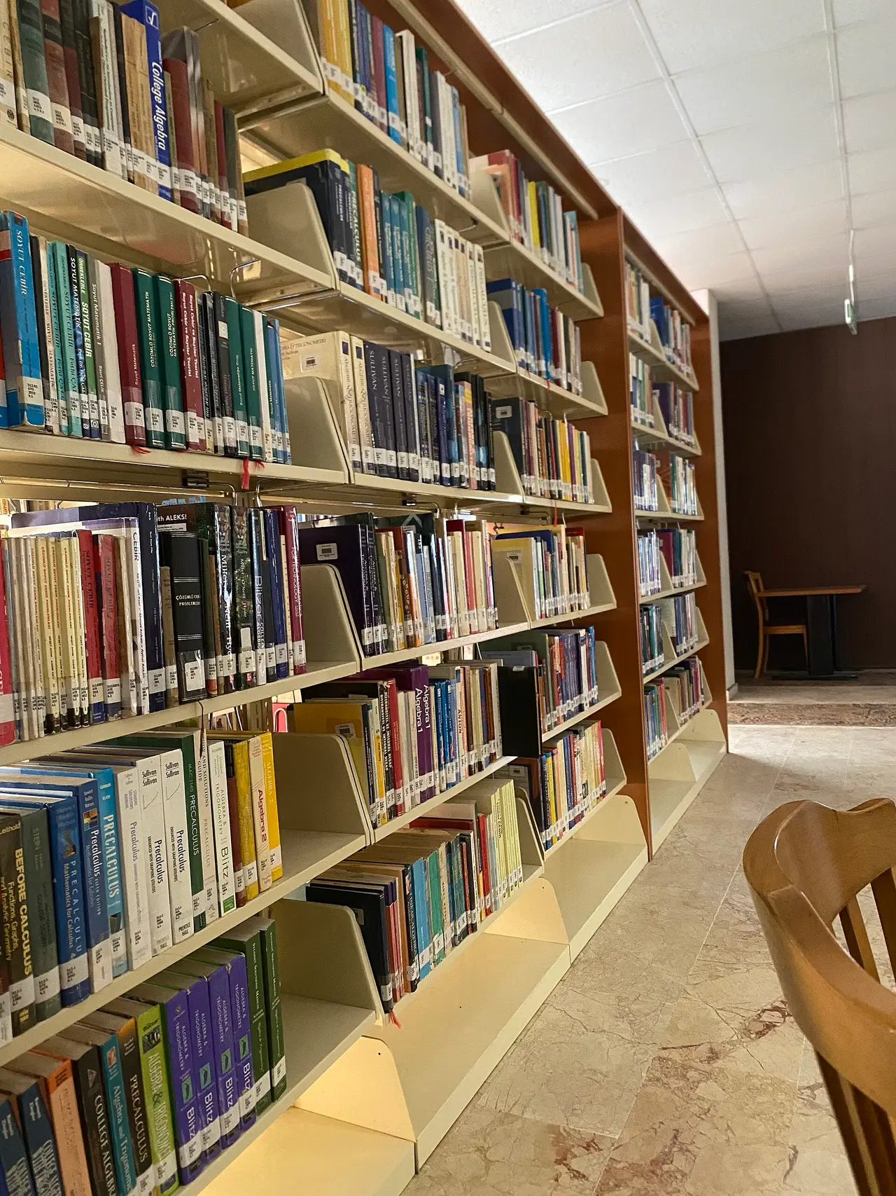 Tall library shelves filled with books beside a wooden chair