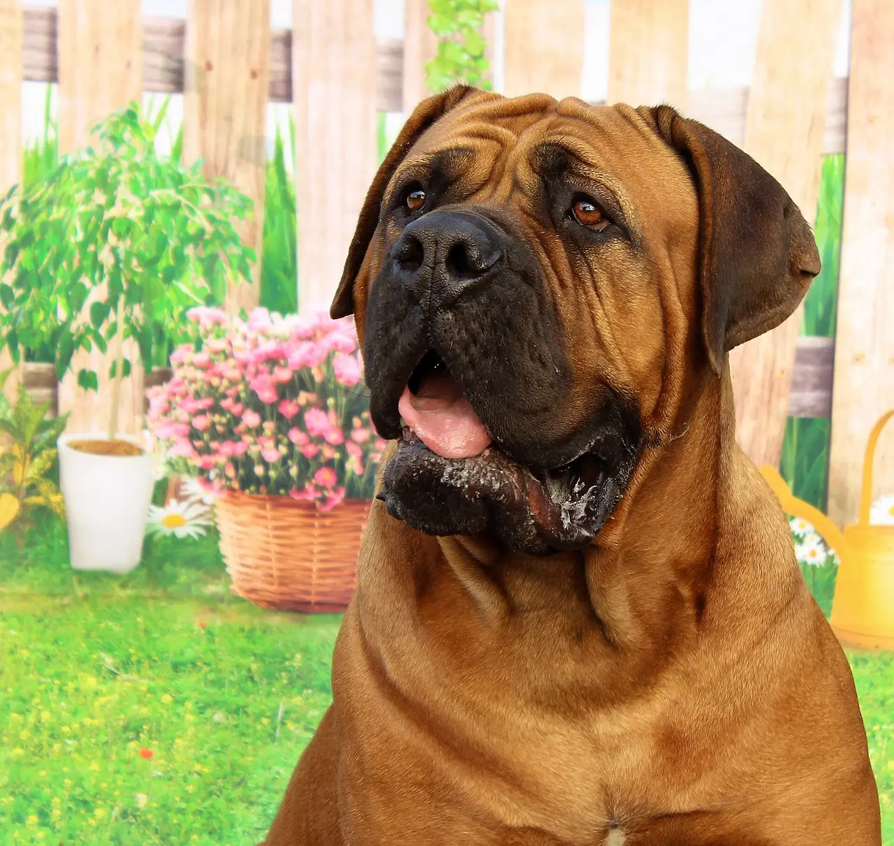 A red-brown Dogue de Bordeaux with a black face mask in front of a garden fence