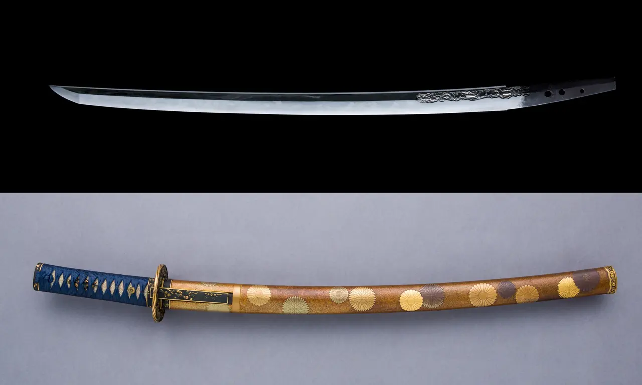 A polished curved sword blade above its lacquered scabbard