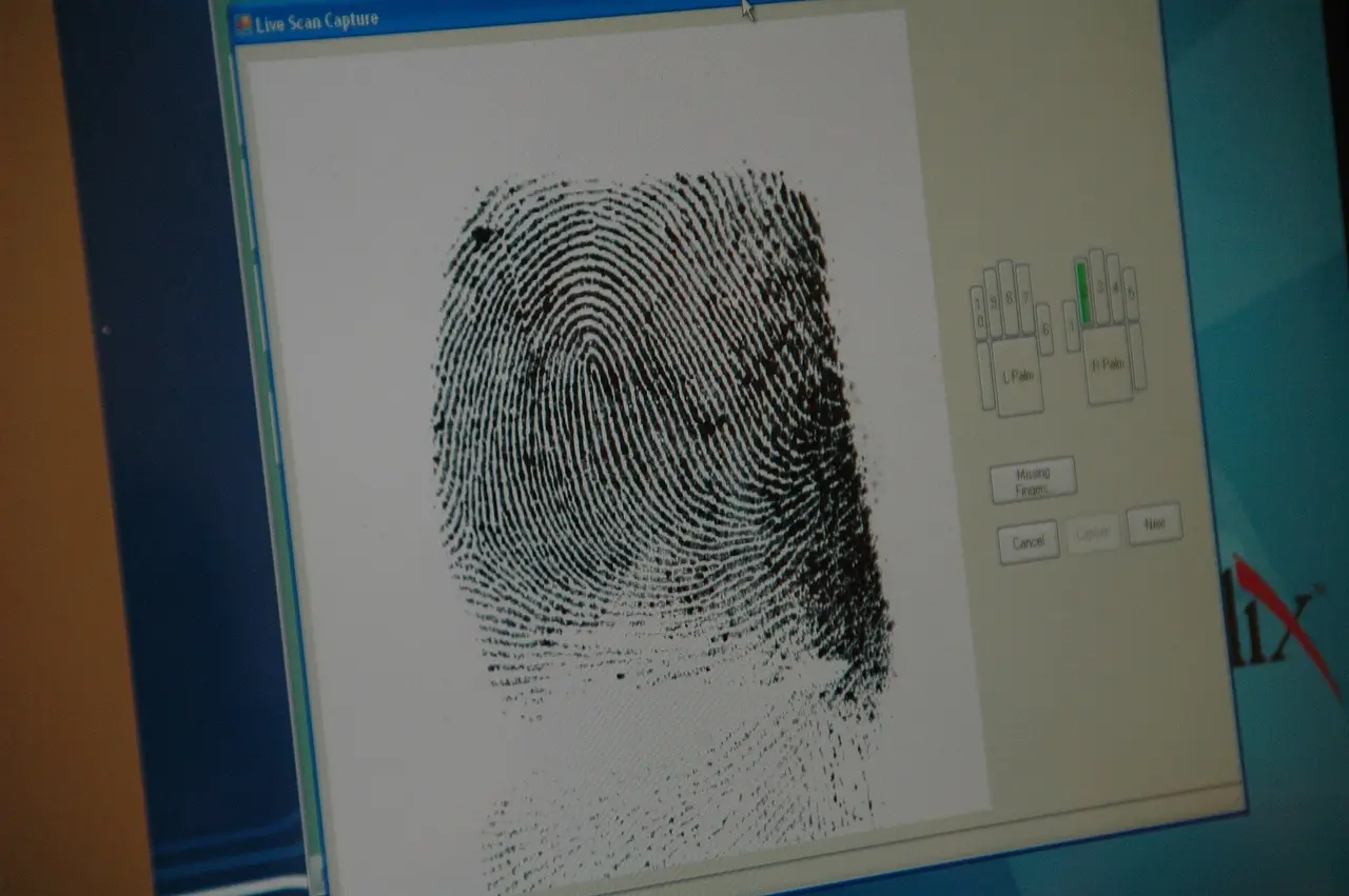 A black fingerprint shown on a computer monitor