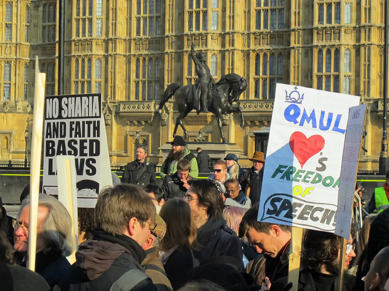 A crowd with placards at a free speech rally outside Parliament