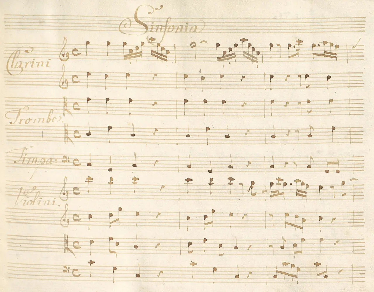 Handwritten music manuscript page with staves and notes labelled for trumpets and violins