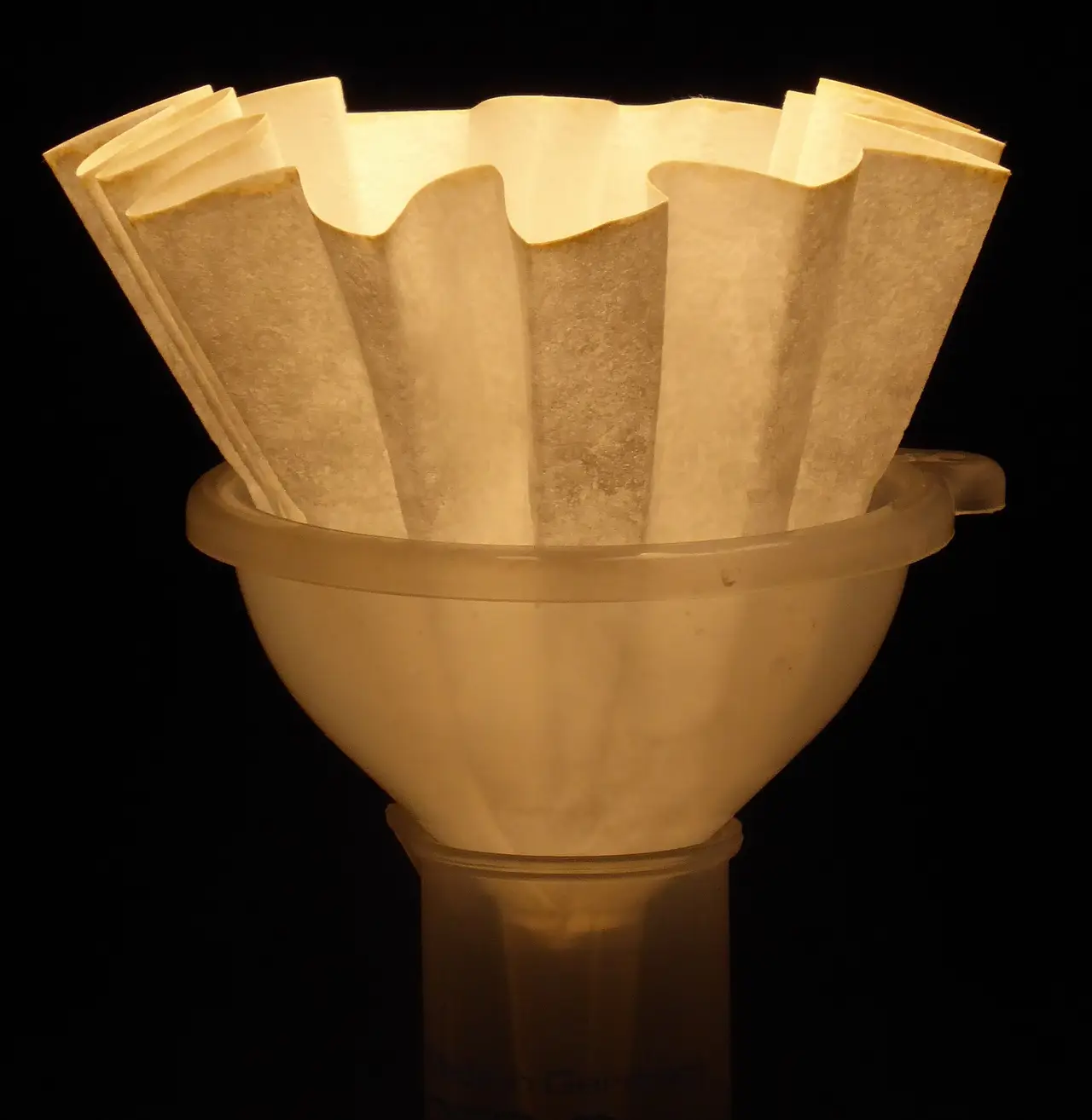 A pleated paper filter resting in a lit funnel against black