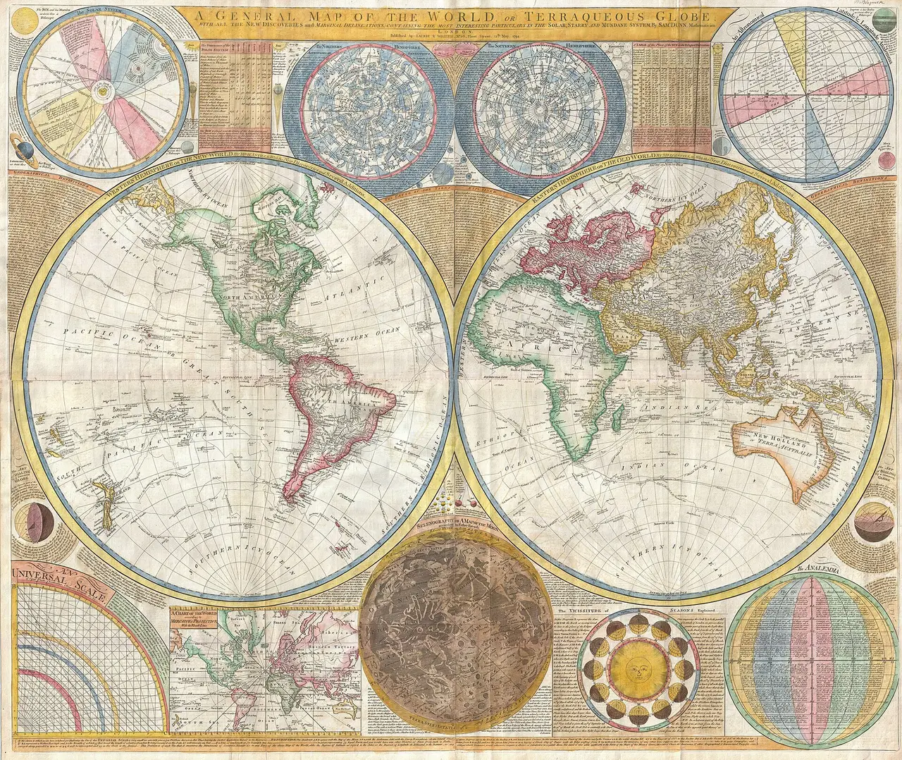 An old world map drawn in two circular hemispheres with diagrams around it