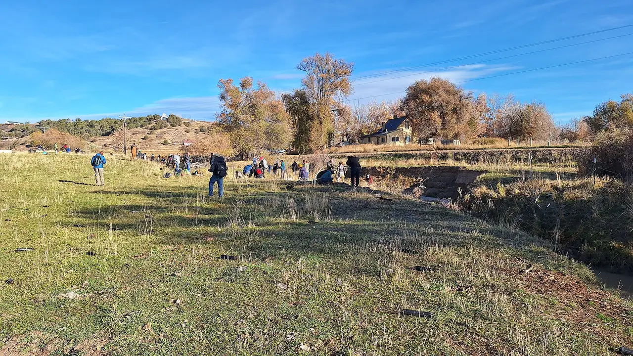Small figures of volunteers planting trees along a creek under a blue sky