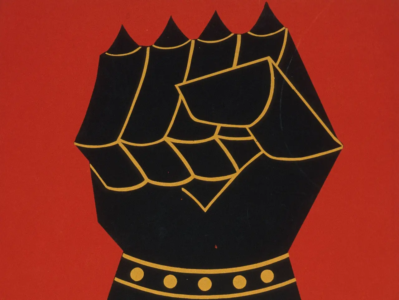 A black armoured fist outlined in gold on a red poster