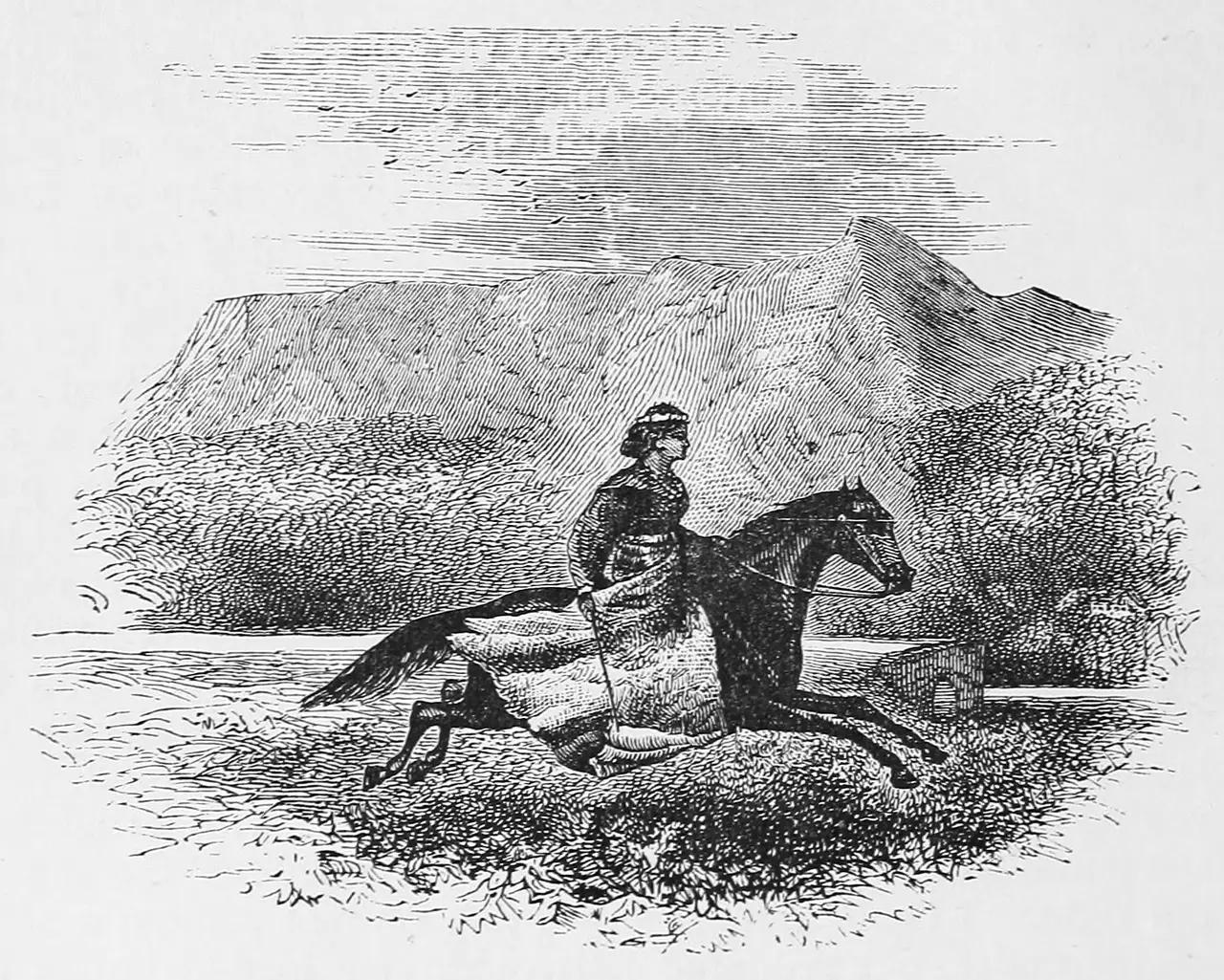 Engraving of a woman in a long riding dress galloping on a horse