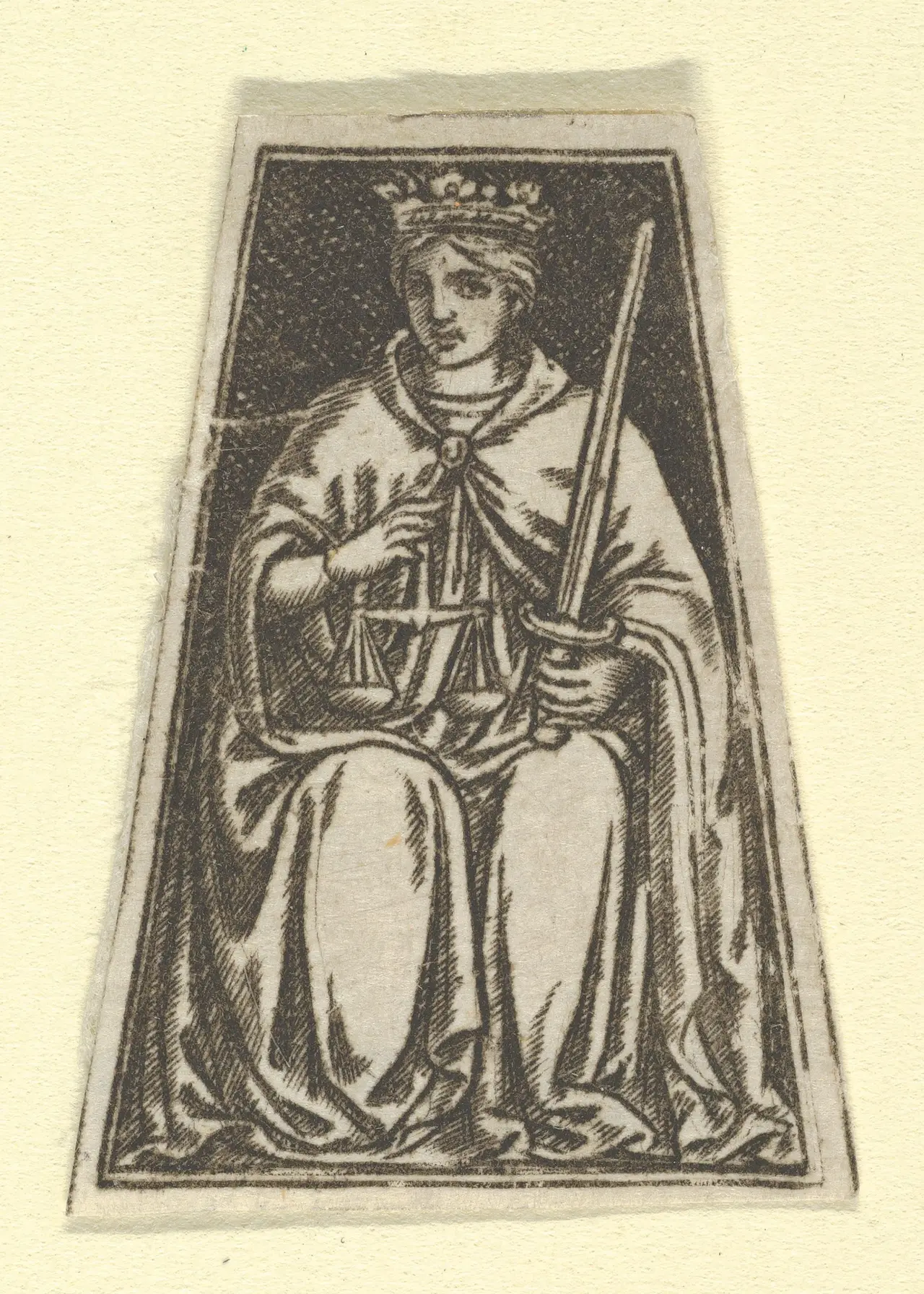 A seated crowned woman holding a sword and scales in an old print
