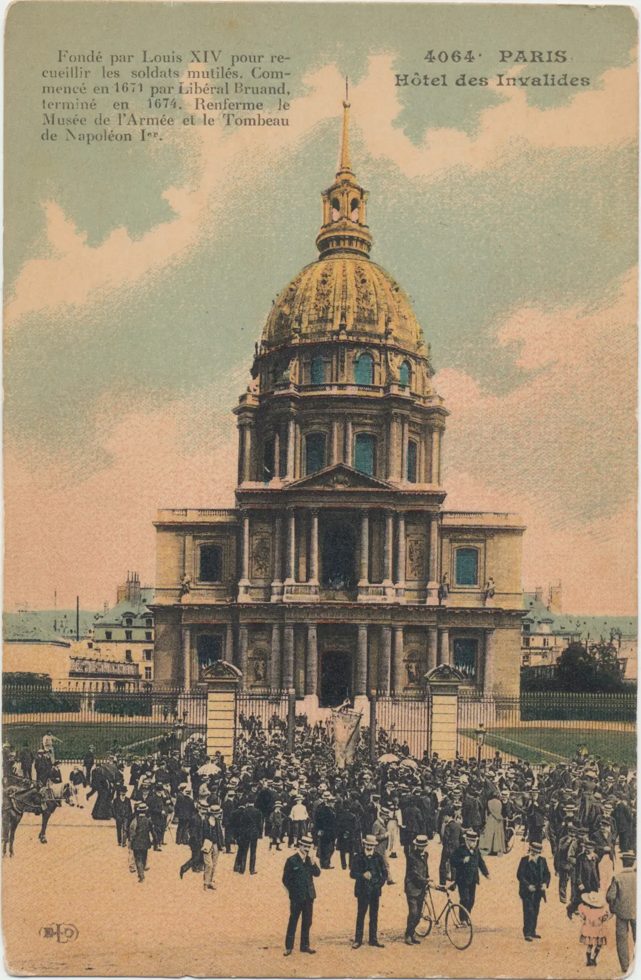 Old tinted postcard of a domed building in Paris with a crowd in front