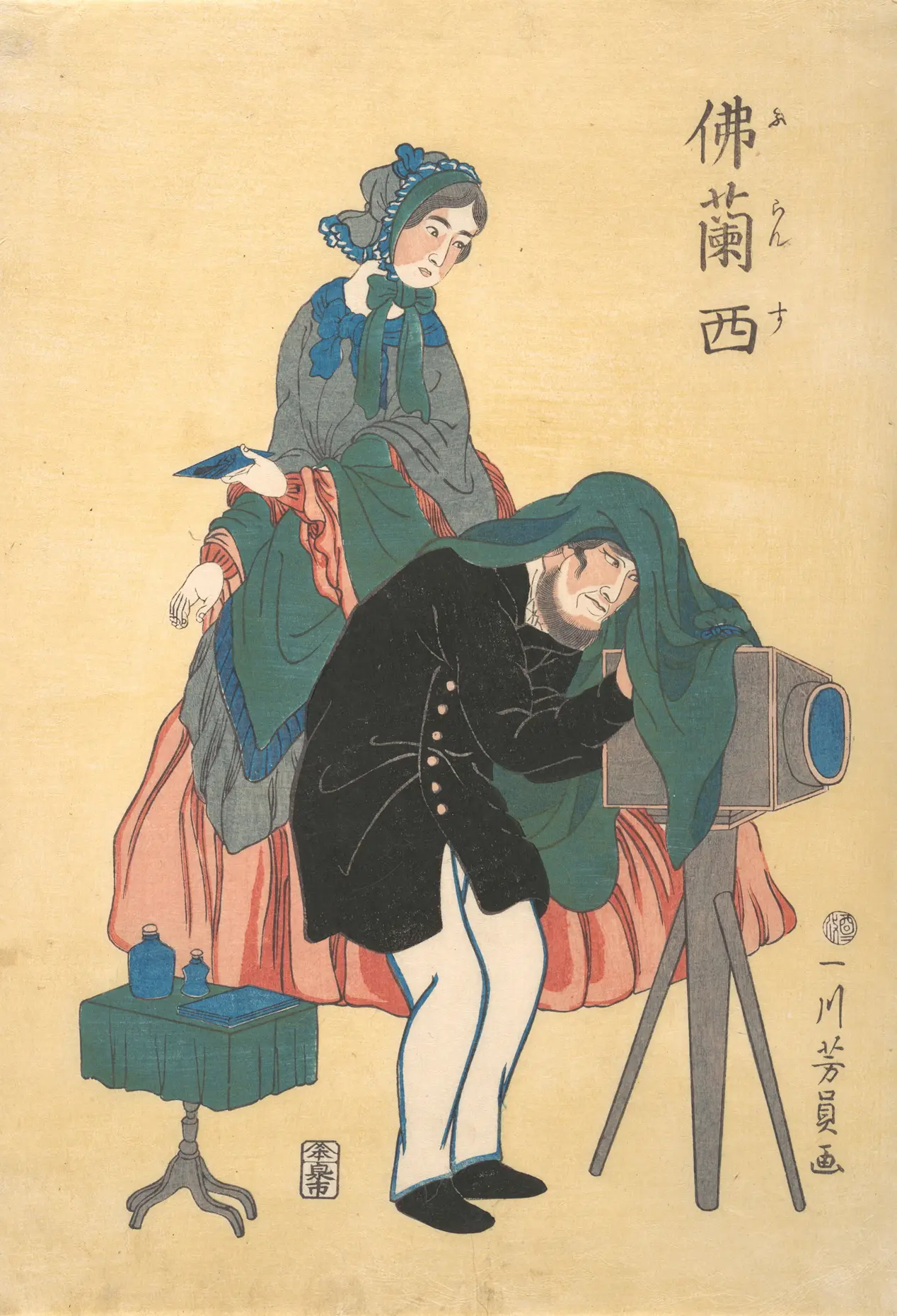 A woodblock print of a photographer under a cloth behind a tripod camera