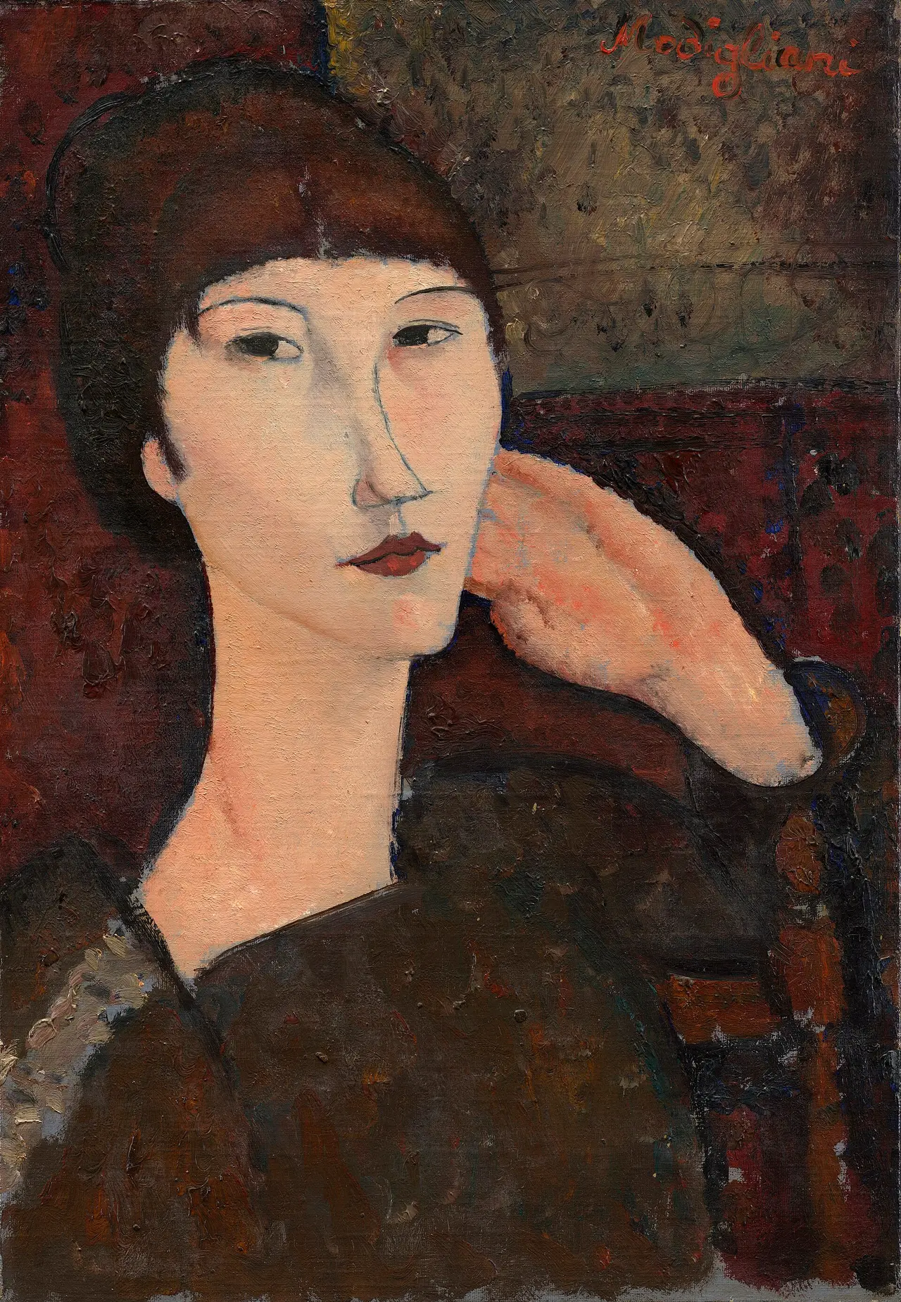 Painted portrait of a woman with a dark fringe resting her head on her hand