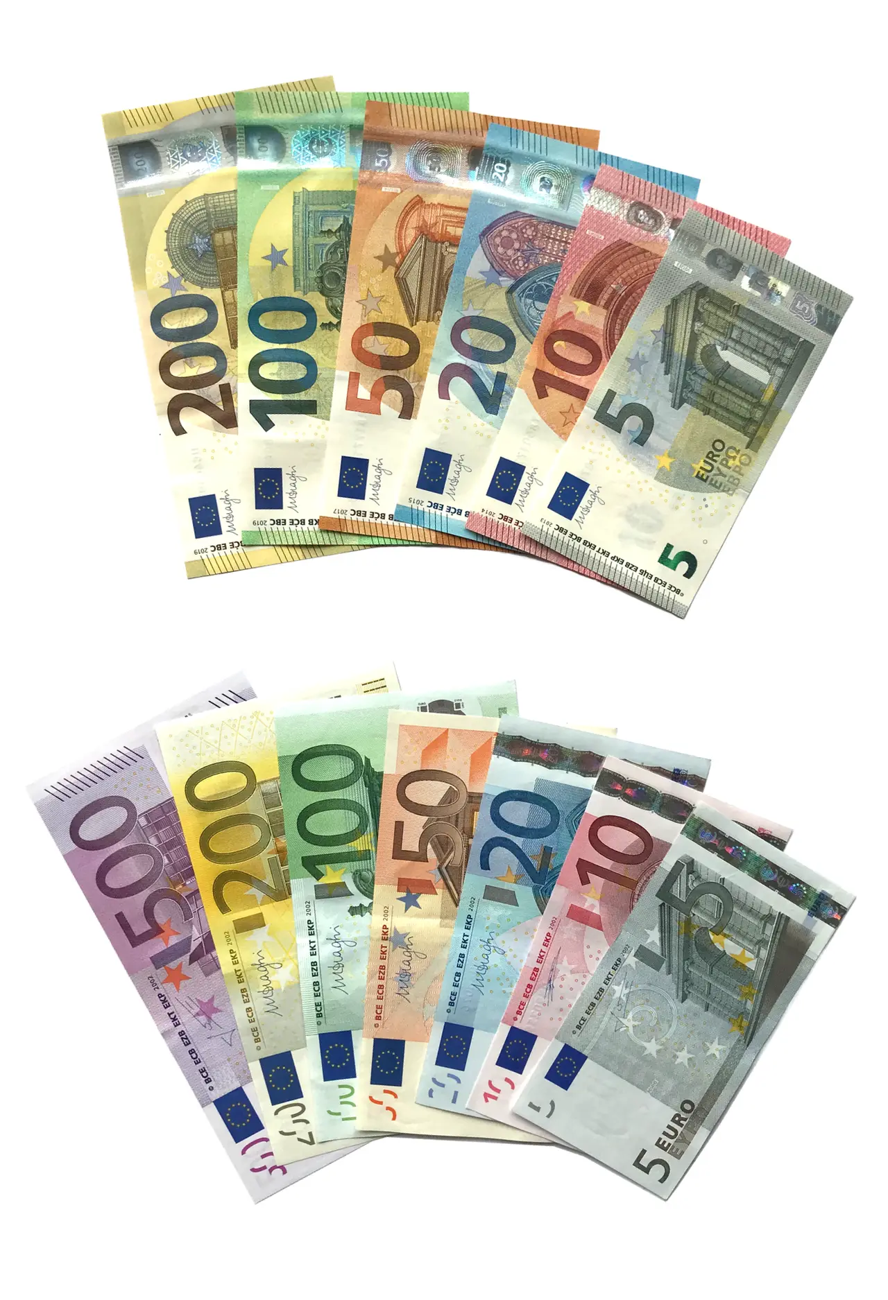Fanned euro banknotes in several colours on a white background