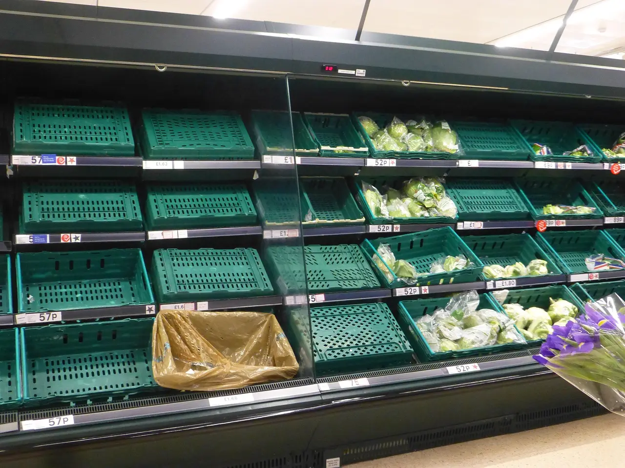 Supermarket produce shelves with mostly empty green crates