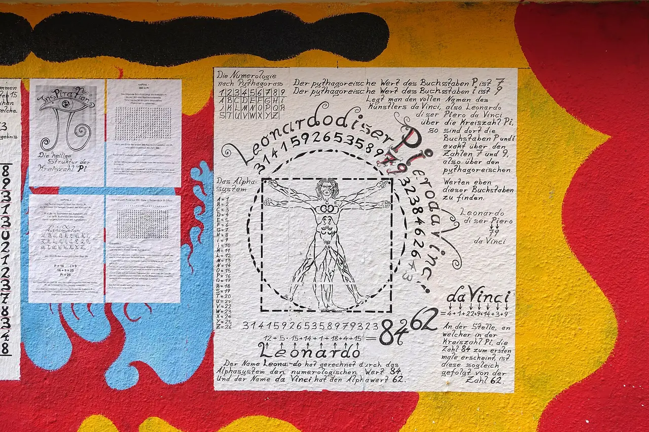 A wall mural with the digits of pi around a Vitruvian Man drawing