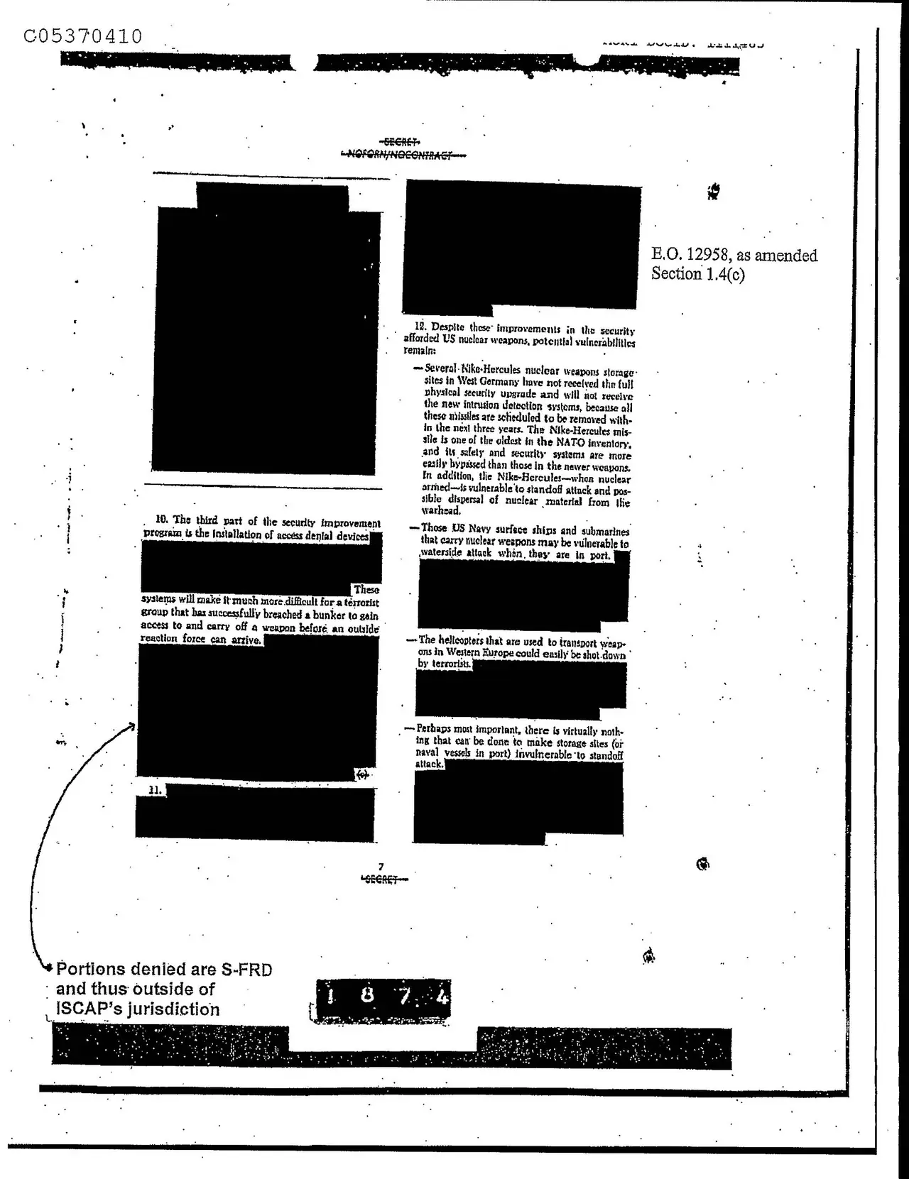 A typed document page with large black bars over redacted text