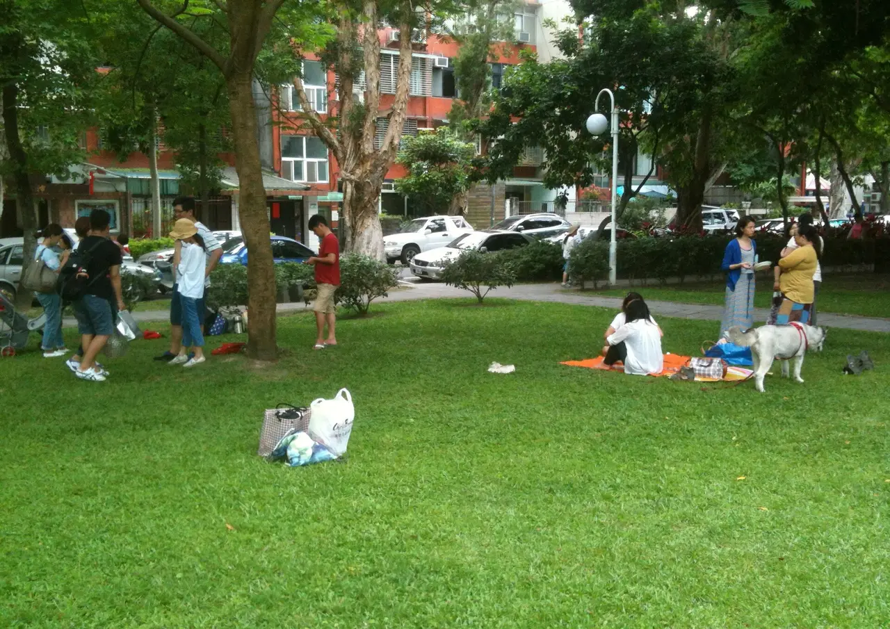 People chatting on a park lawn with a dog under trees