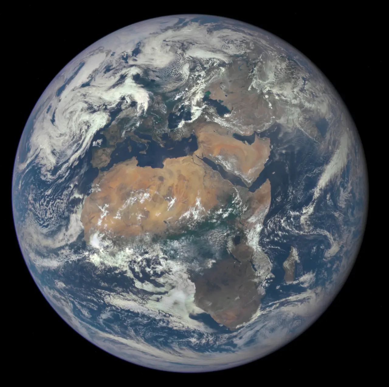 Earth as a globe showing Africa and Europe under cloud