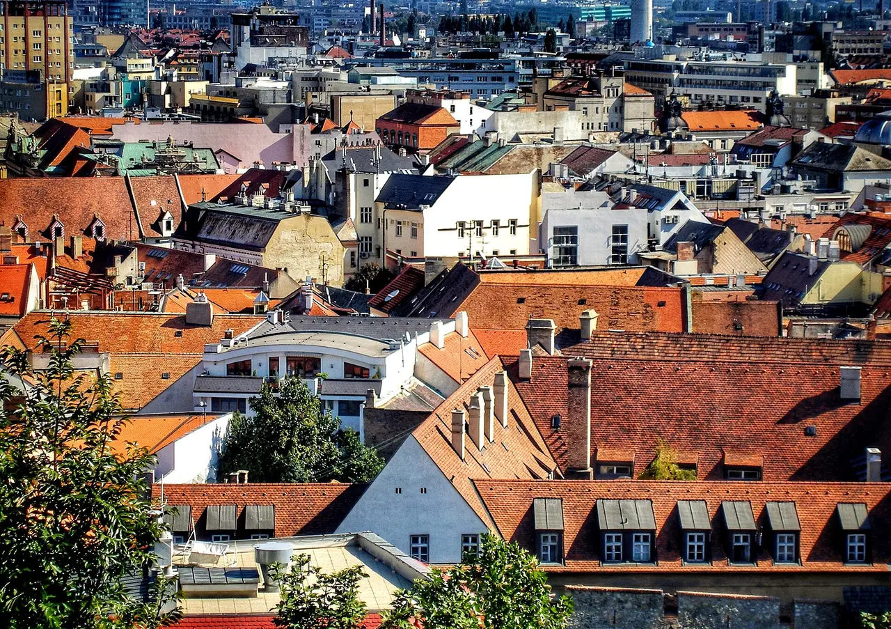 Dense red tiled rooftops of Bratislava seen from above