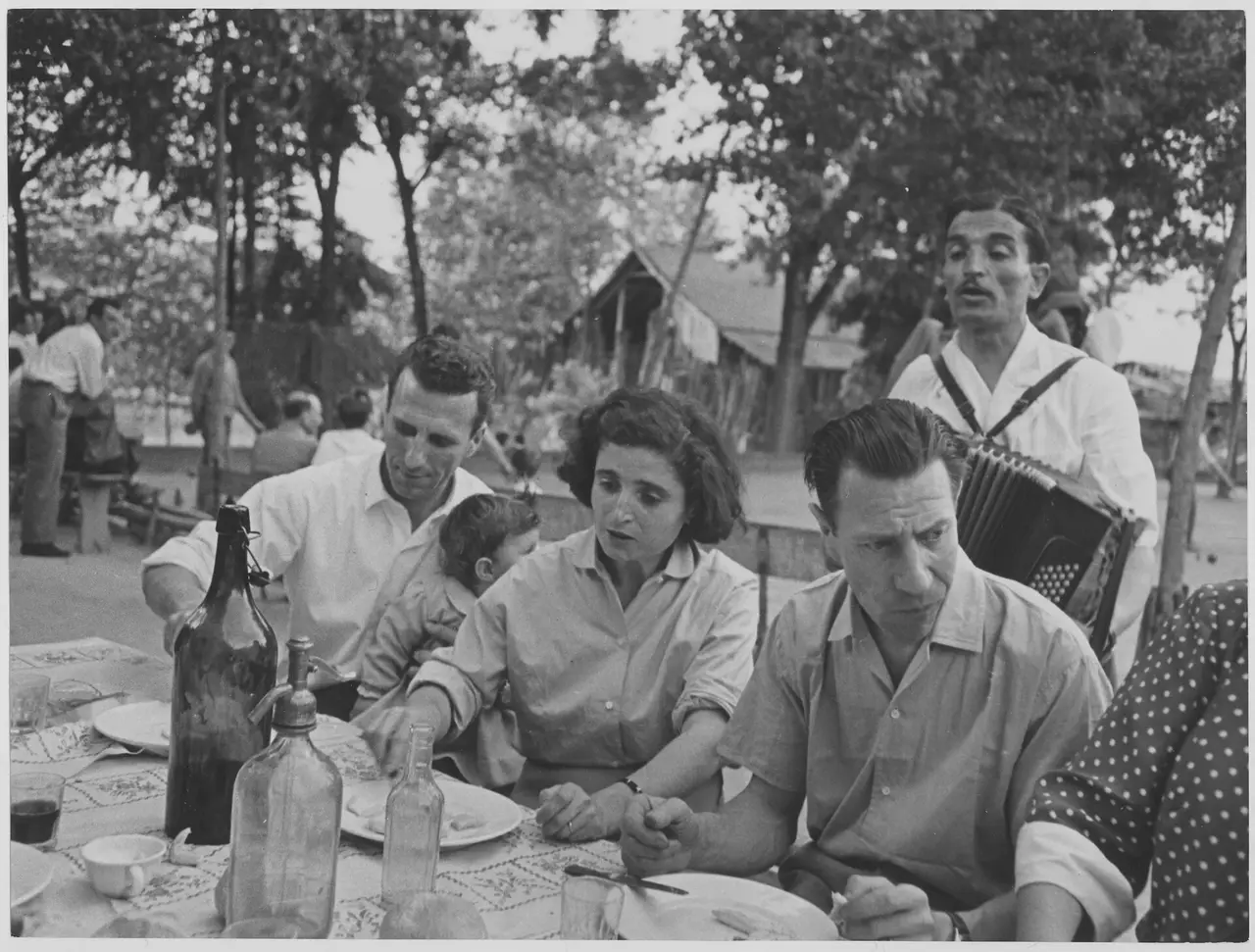 Adults seated at an outdoor table among trees, with bottles and plates