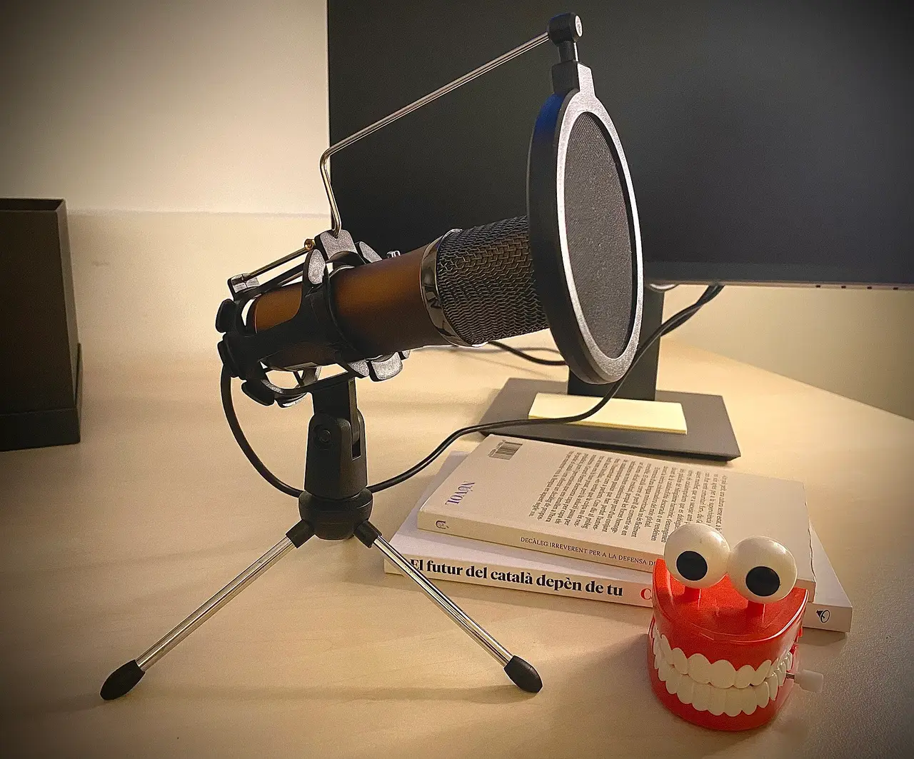 Microphone with pop filter on a desk next to books
